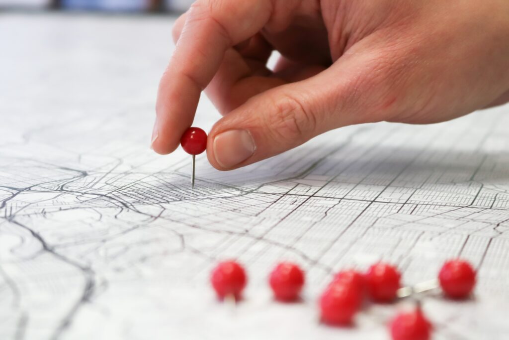 Pins on a map.