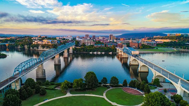 Chattanooga riverfront and Walnut Street Bridge at sunset
